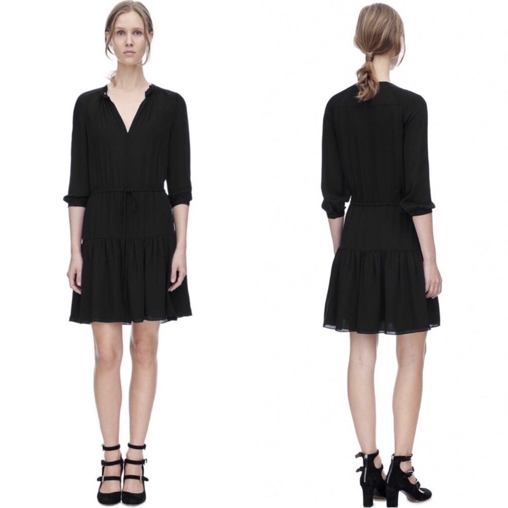 Rebecca Taylor 100% Silk Georgette Shirt Dress Black Women’s 4 Drawstring Waist